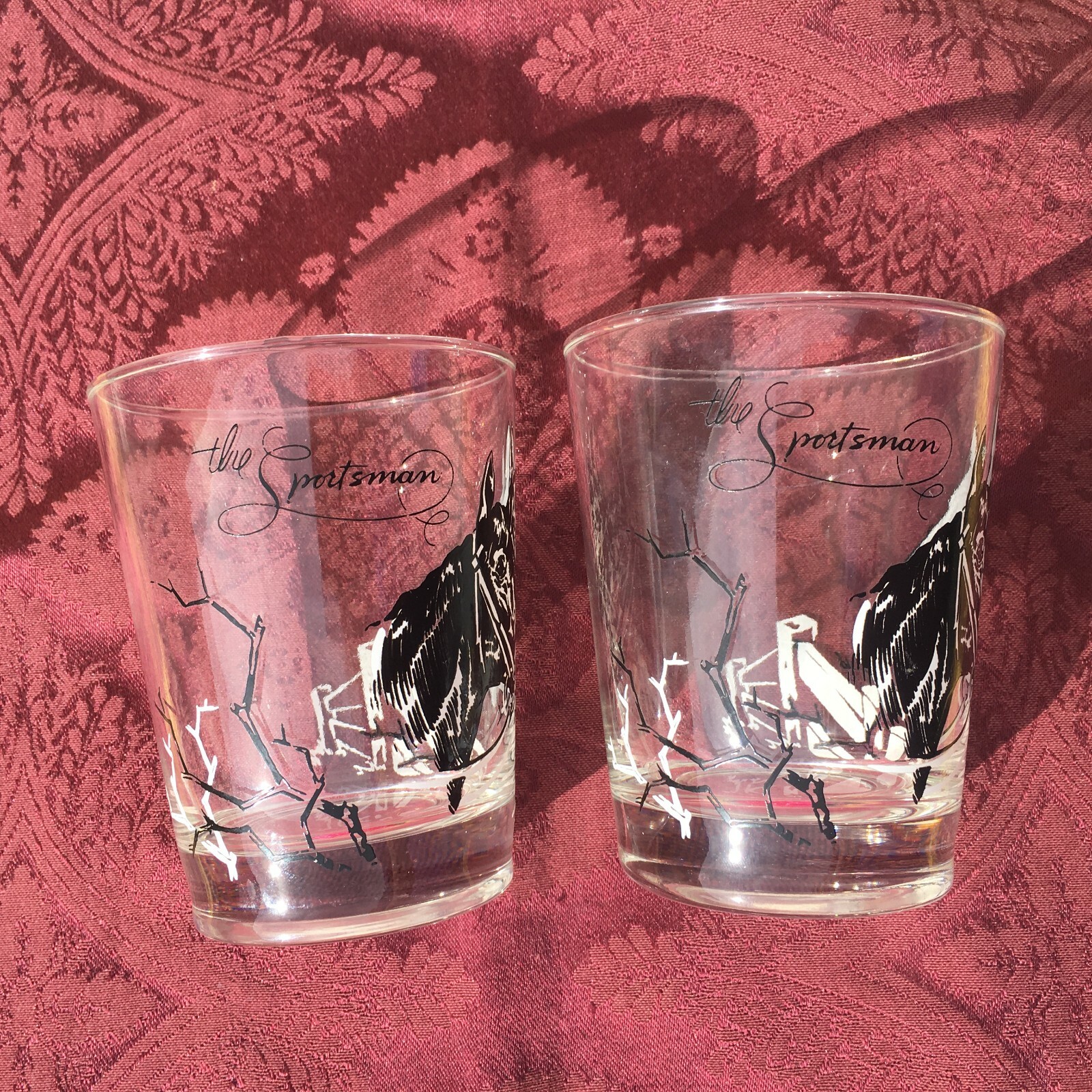 VTG Mid Century MCM Equestrian Highball Drinking Glasses Horse Race Western Pair