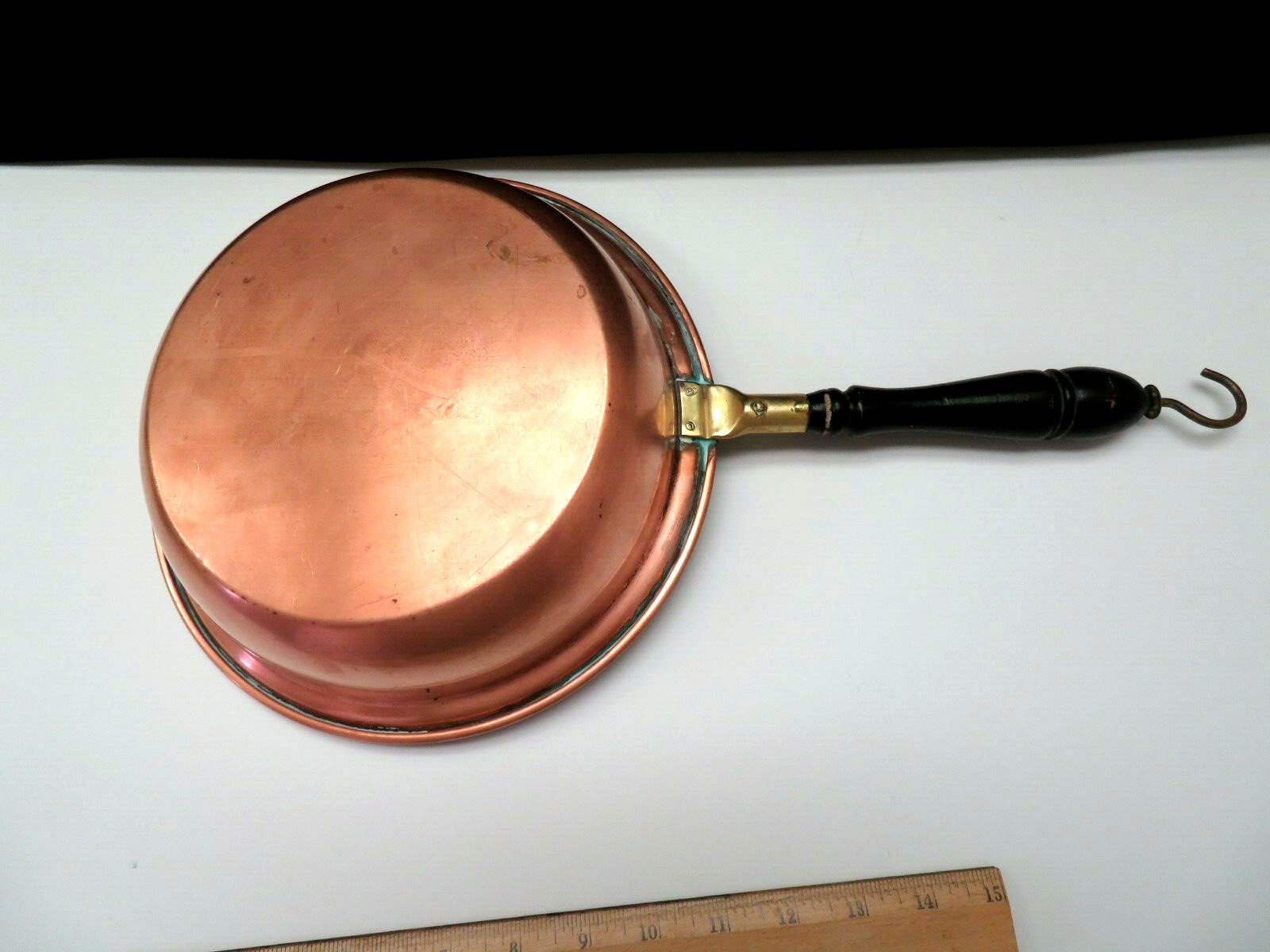Vintage Copper Tin and Brass W/ Wood Handle Fry Pan