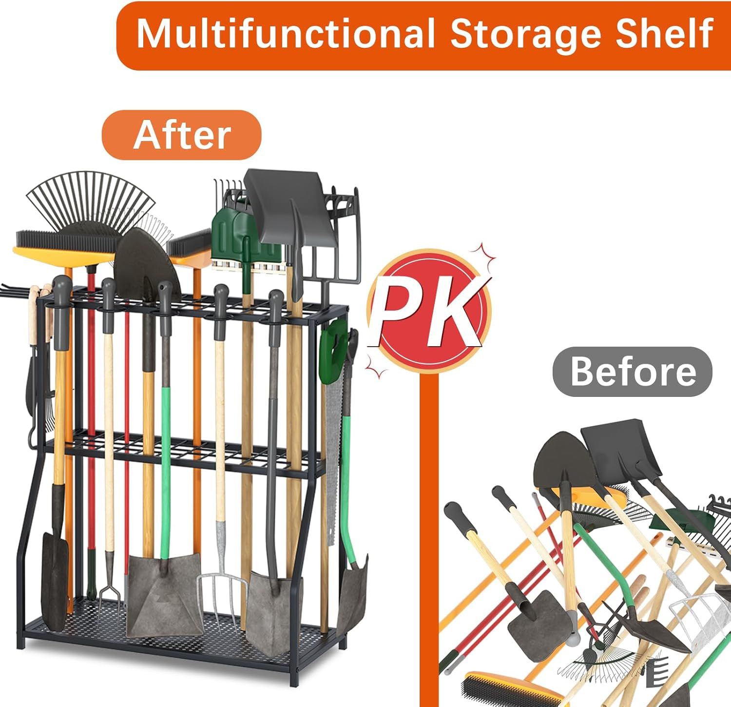 Yard Tool Storage Rack, Steel Organizer for Long-Handled Tools, Black