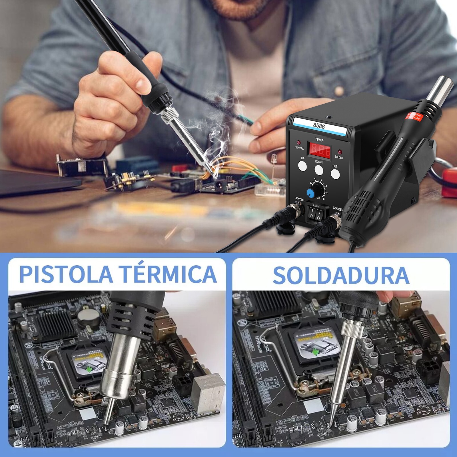 2-in-1 Rework Soldering Station 8586 Hot Air Gun Solder Iron Repair Tool 110V US