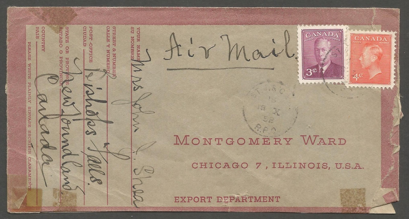 1952 RPO -  St J & C BK - Newfoundland Montgomery Ward Reply Cover 7c GVI Postes