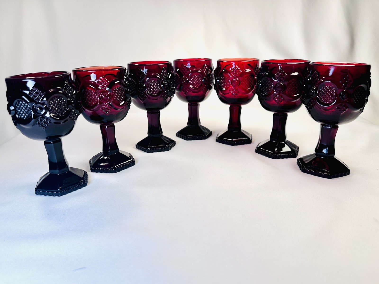 Set of 7 Avon Cape Cod Ruby Red Glass Goblets 4.5" Vintage Pressed Glass
