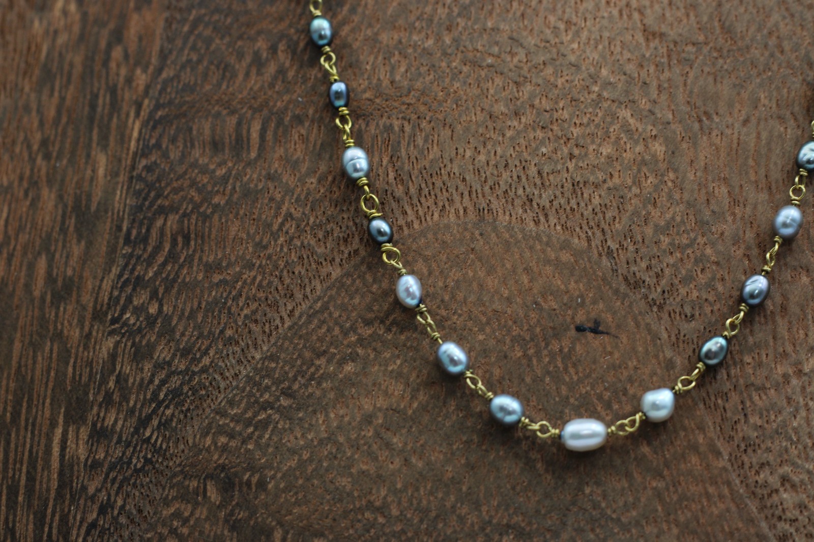 Vintage Style Gray Rice Pearl & Brass Link Necklace – 36", MSRP $120