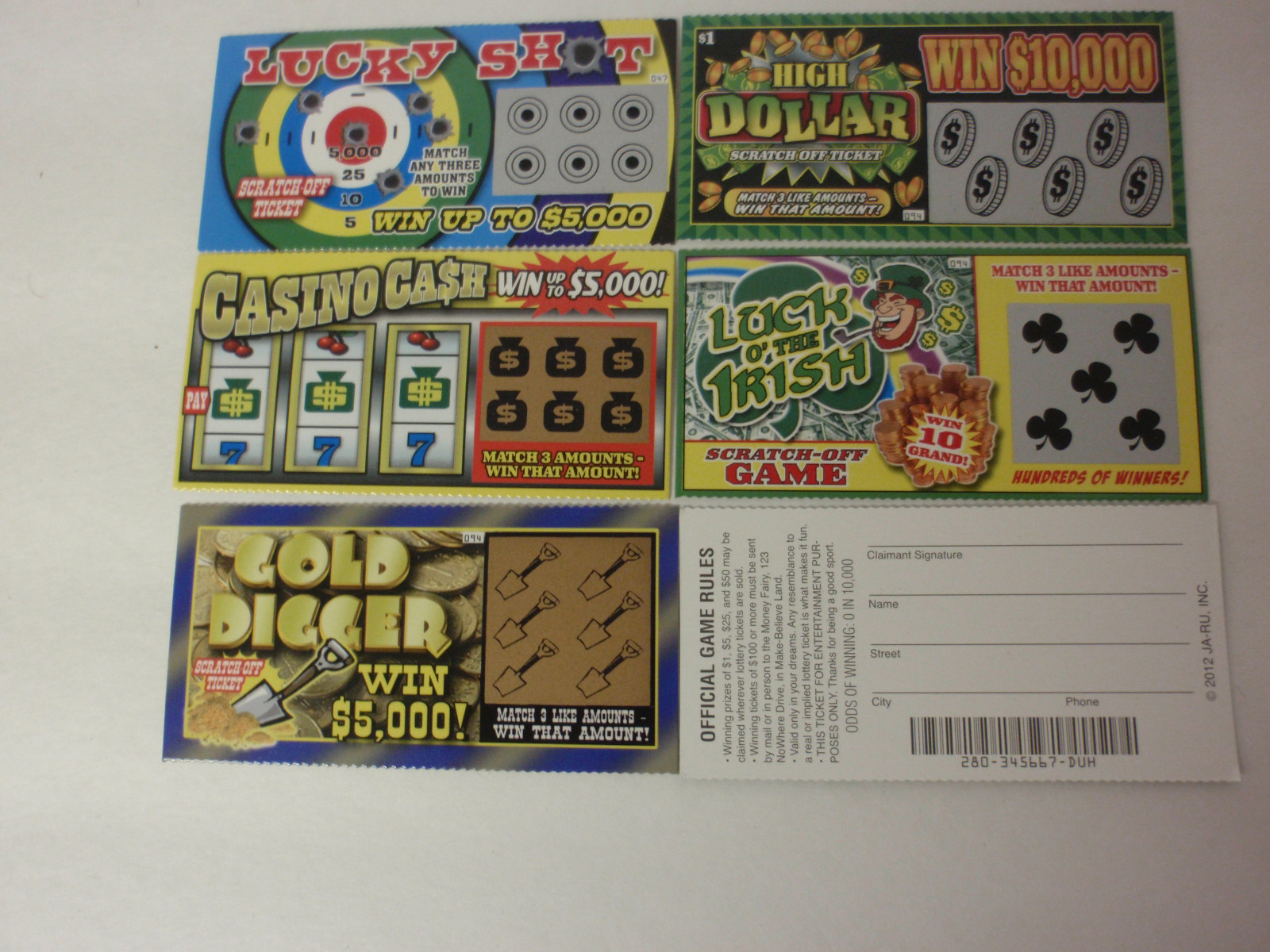 5 PHONY FAKE SCRATCH OFF ALL WINNING LOTTERY TICKETS GAG GIFT JOKE PRANK WINNER