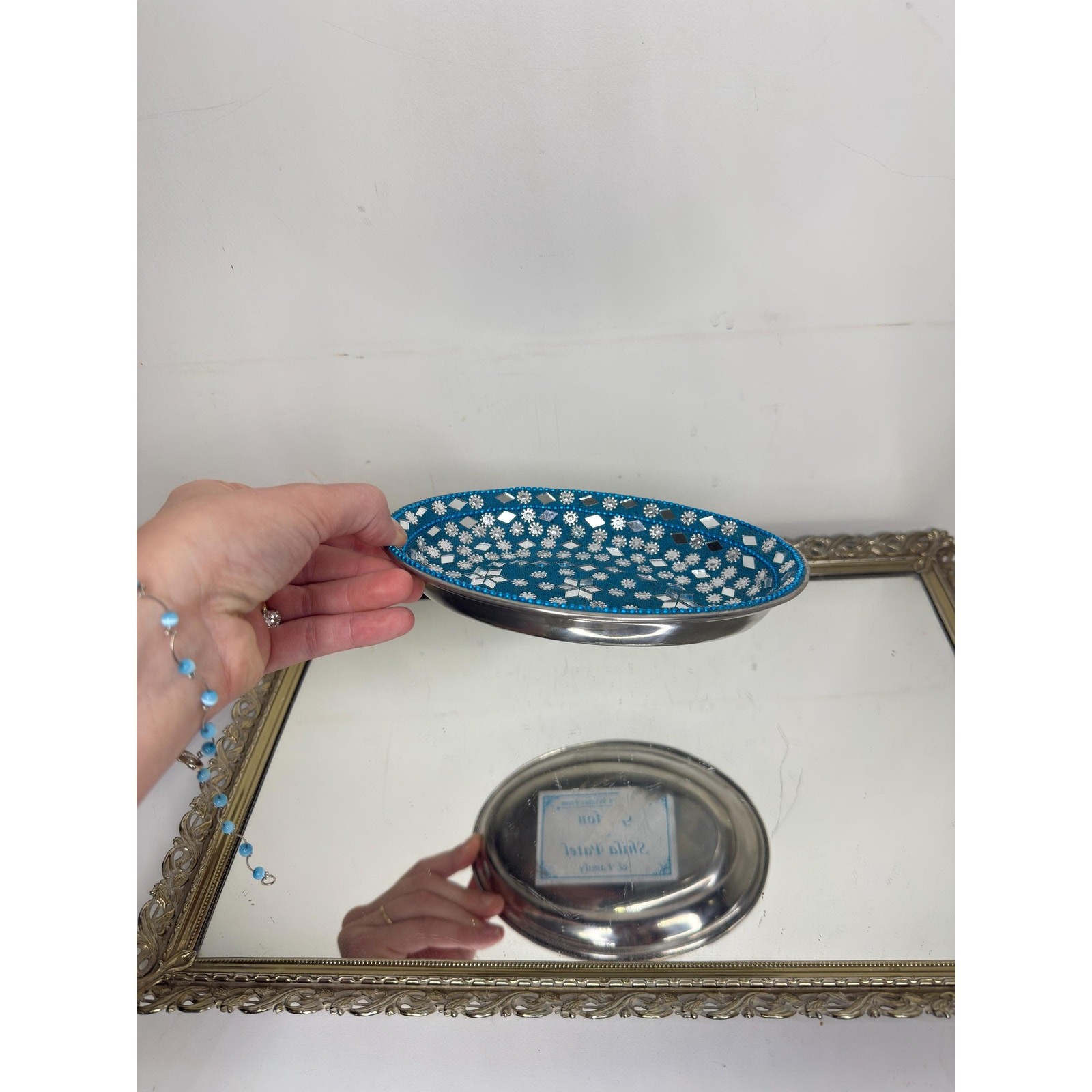 Vintage India Blue and Silver Mirroed Mosiac Tray for trinkets and jewelry