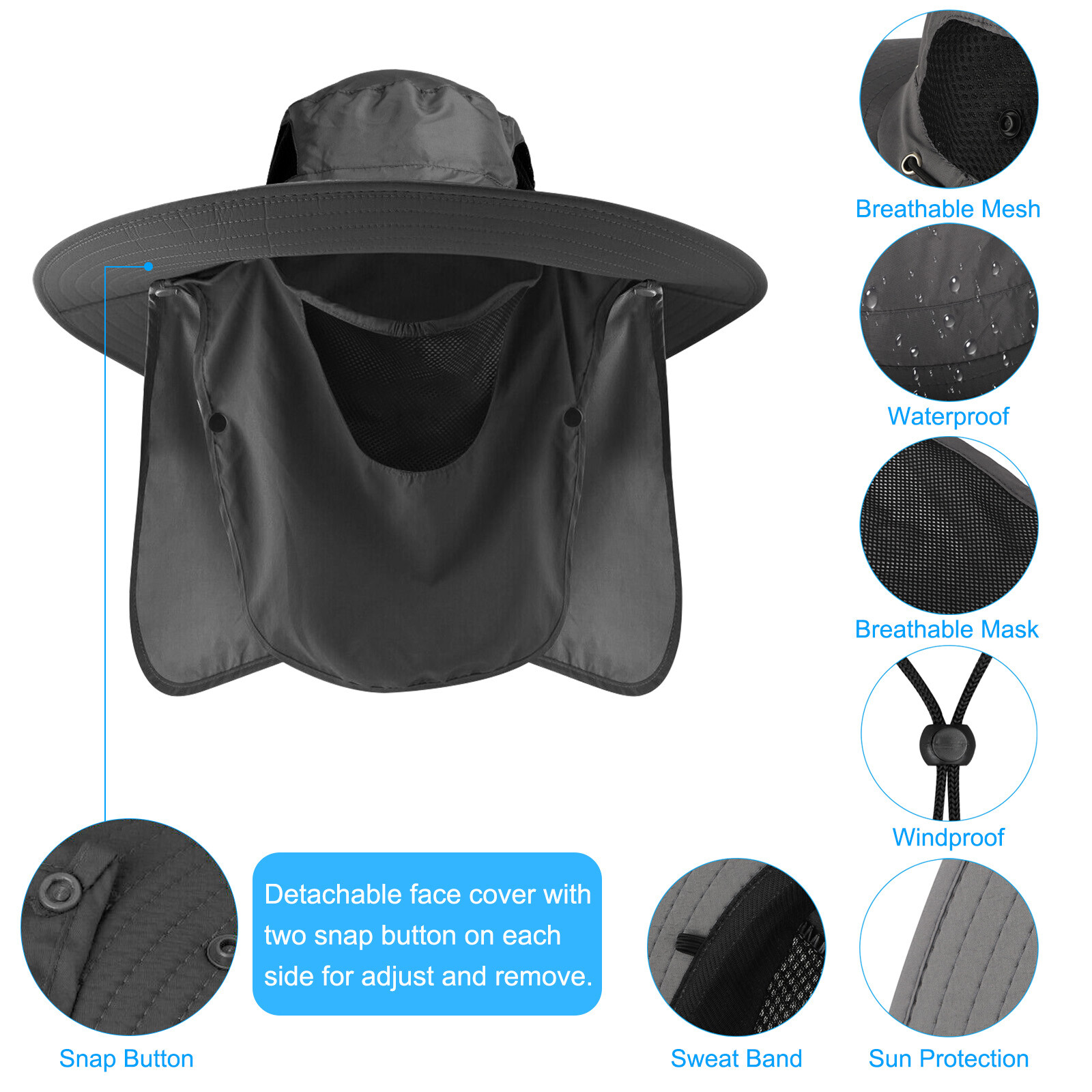 Wide Brim Sun Hat with Neck Flap UV Protection Hiking Fishing Cap for Men Women