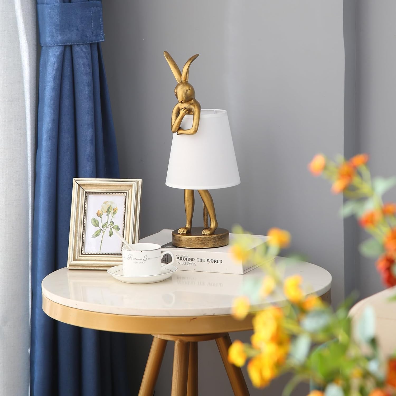 LED Bunny Table Lamp Resin Rabbit Desk Linen Shade 16Inch Decorative Lamp Room