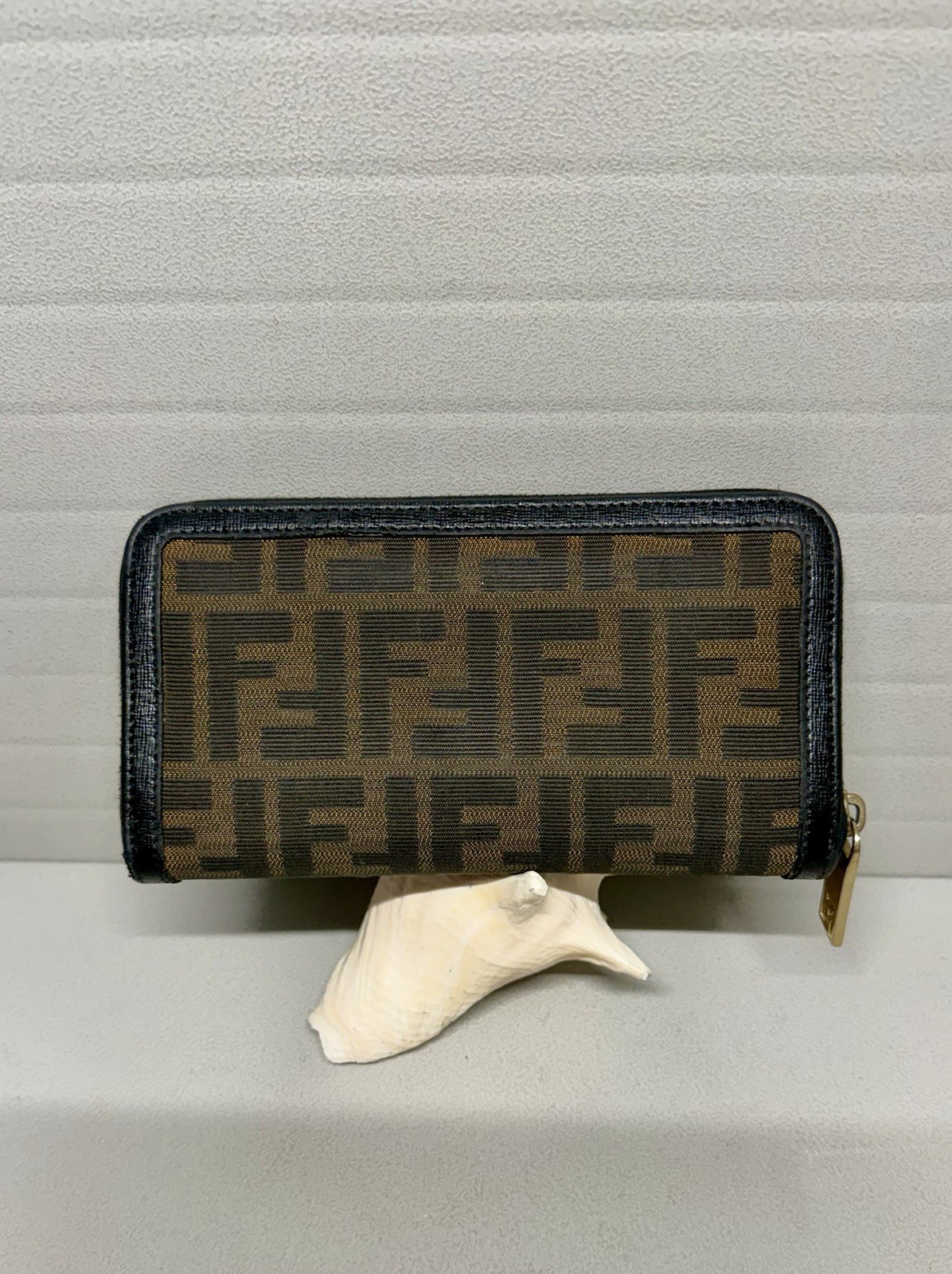 Vintage Classic FENDI ZUCCA Brown/black Trim Continental Zip Around Wallet