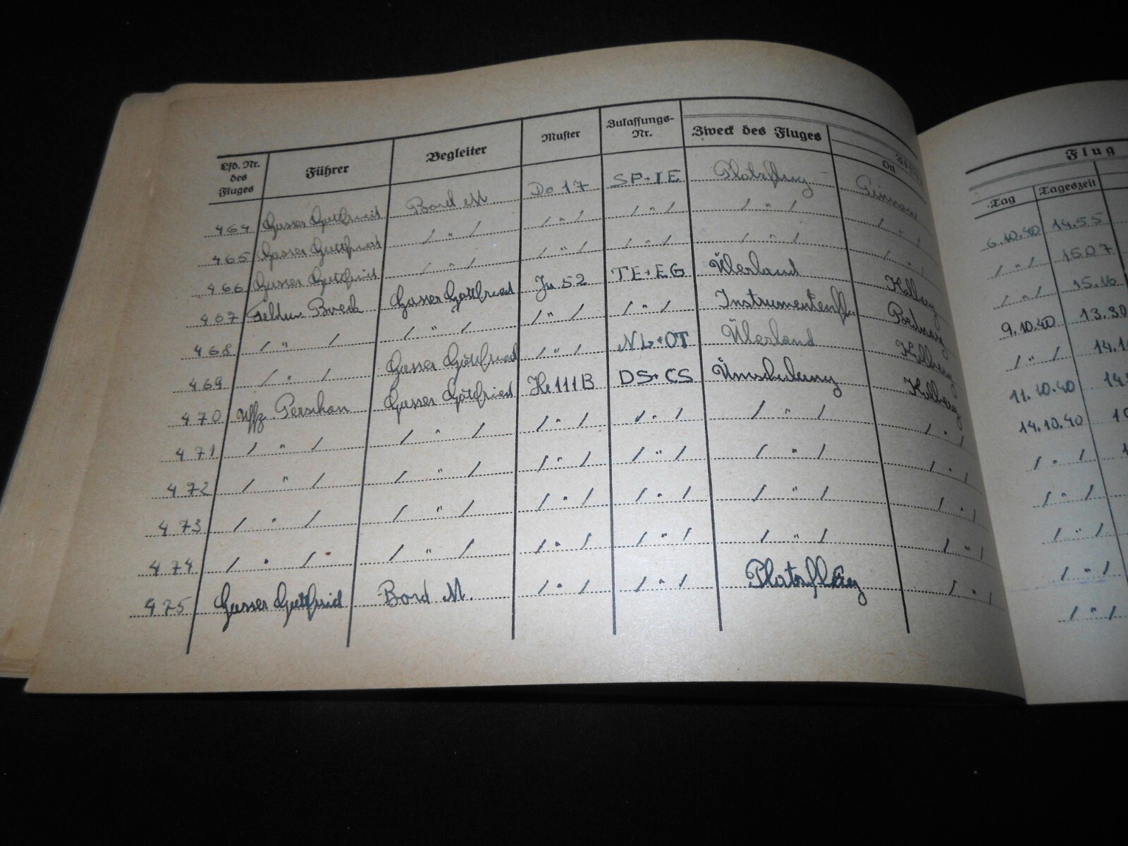 WW II German LW Flugbuch - FLIGHT LOG BOOK - Ju52 He111 Do17 Do23 Ju86 - NICE!