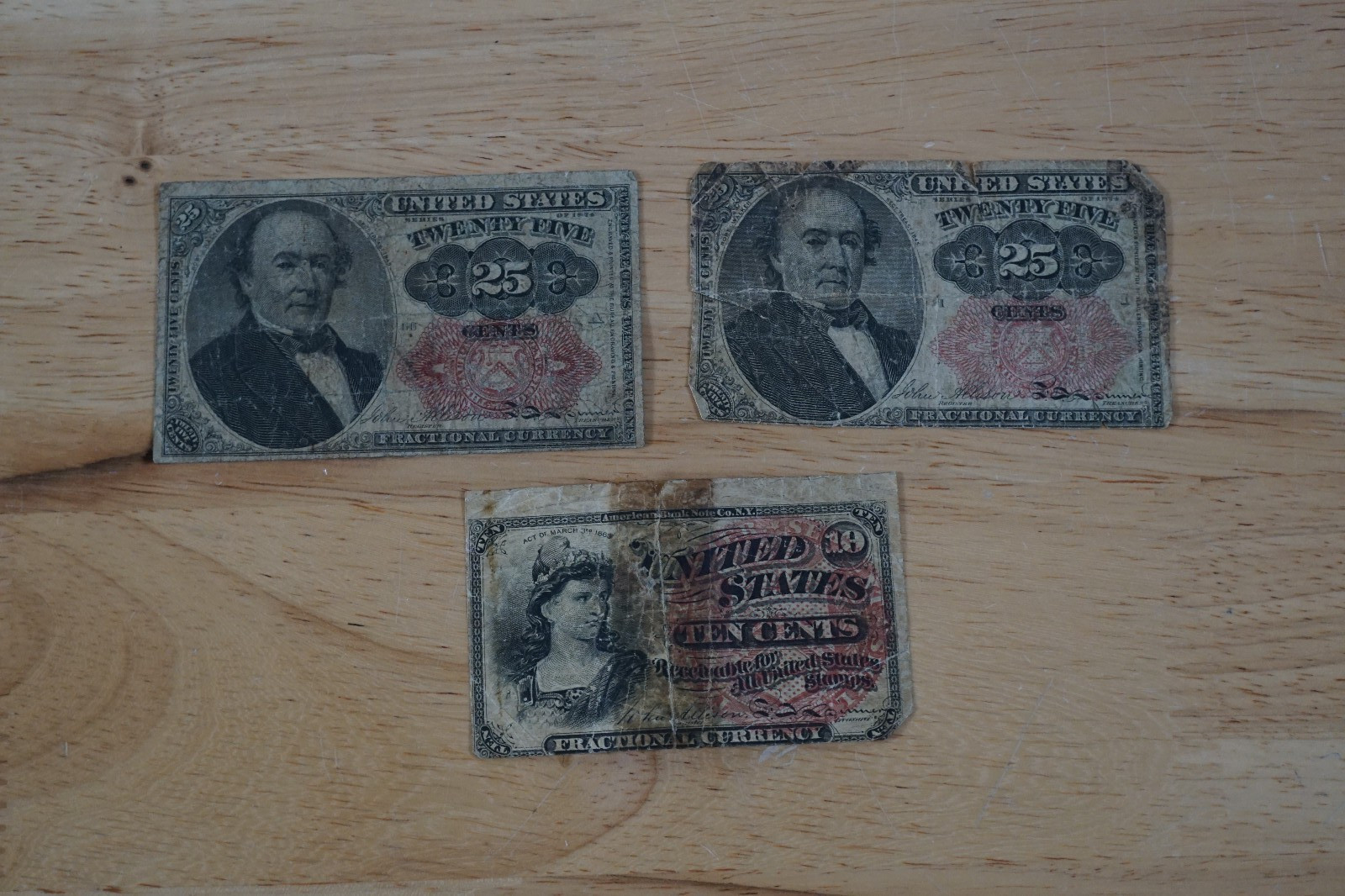 Lot of 2 1874 25c Twenty Five Cents Fractional Currency & 10c Ten Cents 1863