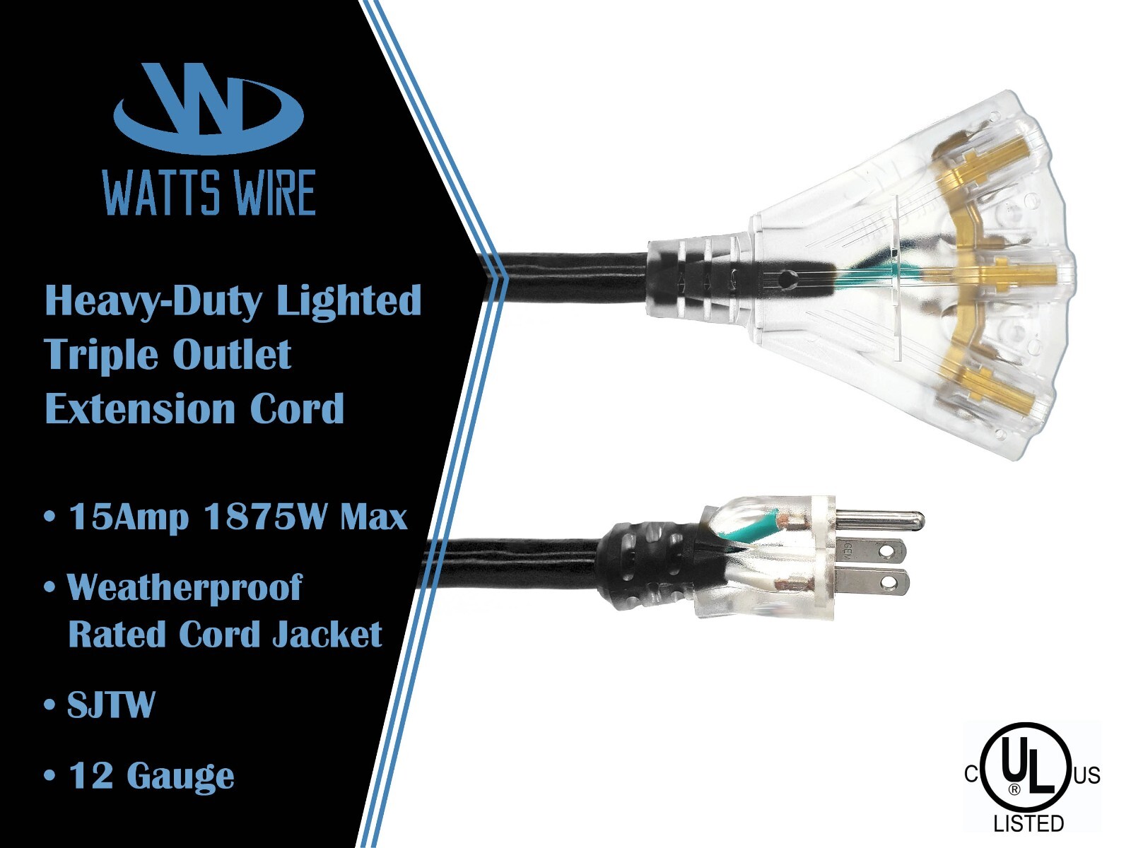 12 Gauge Extension Cords Heavy Duty Lighted 3-Outlet SJTW Indoor / Outdoor 12 3