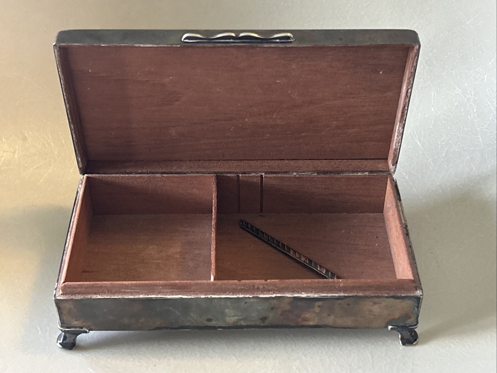 Aristocrat Silver Plate w/ Crocodile/ Alligator Top Cigarette Box Wood Lining