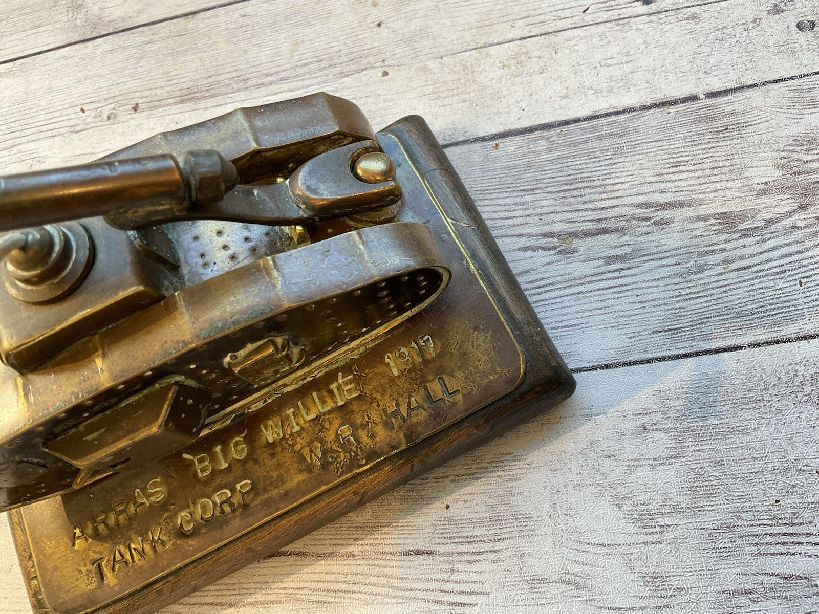 ORIGINAL AMAZING WWI TRENCH ART MK1 TANK LIGHTER 1917 BATTLE MARKED / NAMED