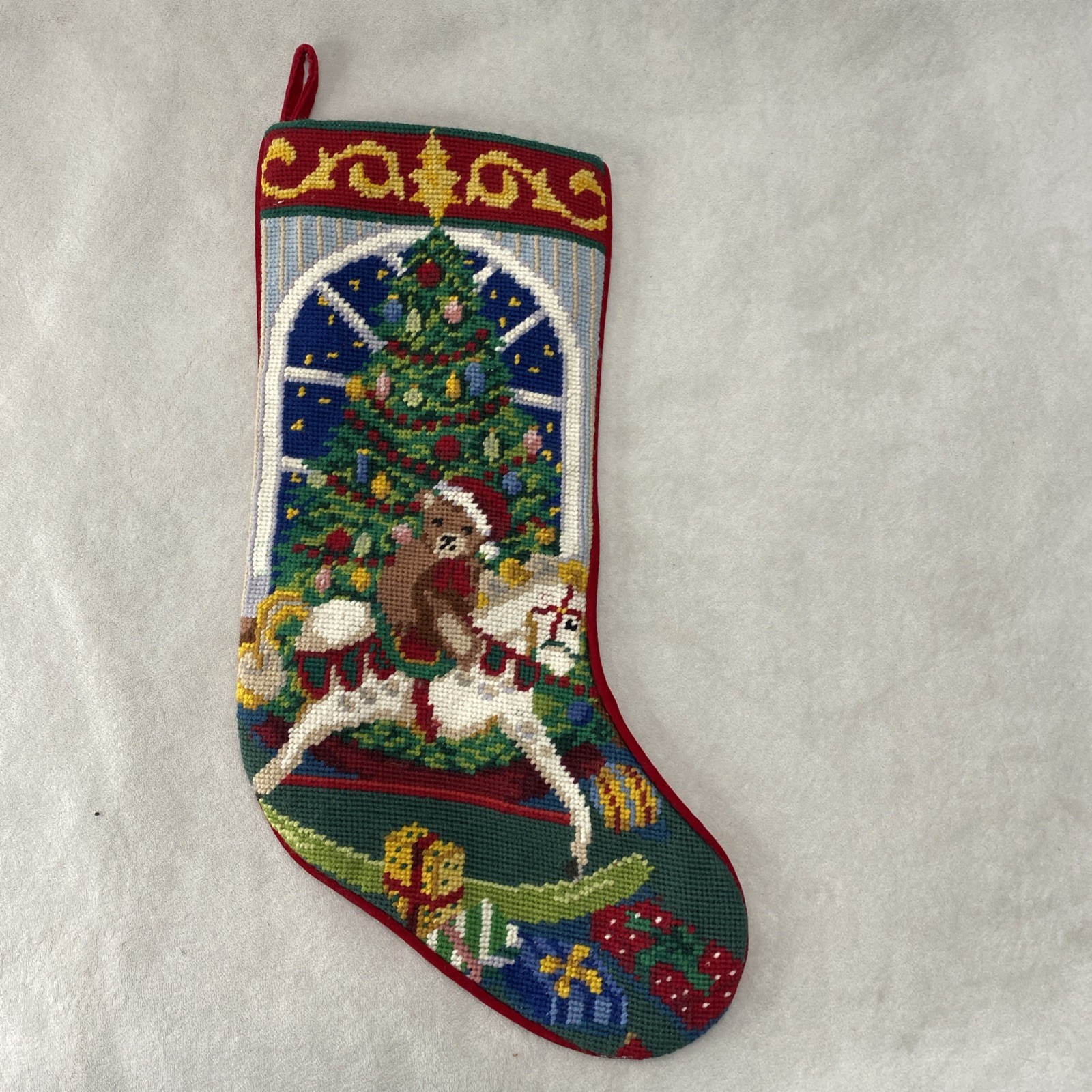Vintage Wool Red Velvet  Needlepoint Christmas Stocking Teddy Bear Rocking Horse