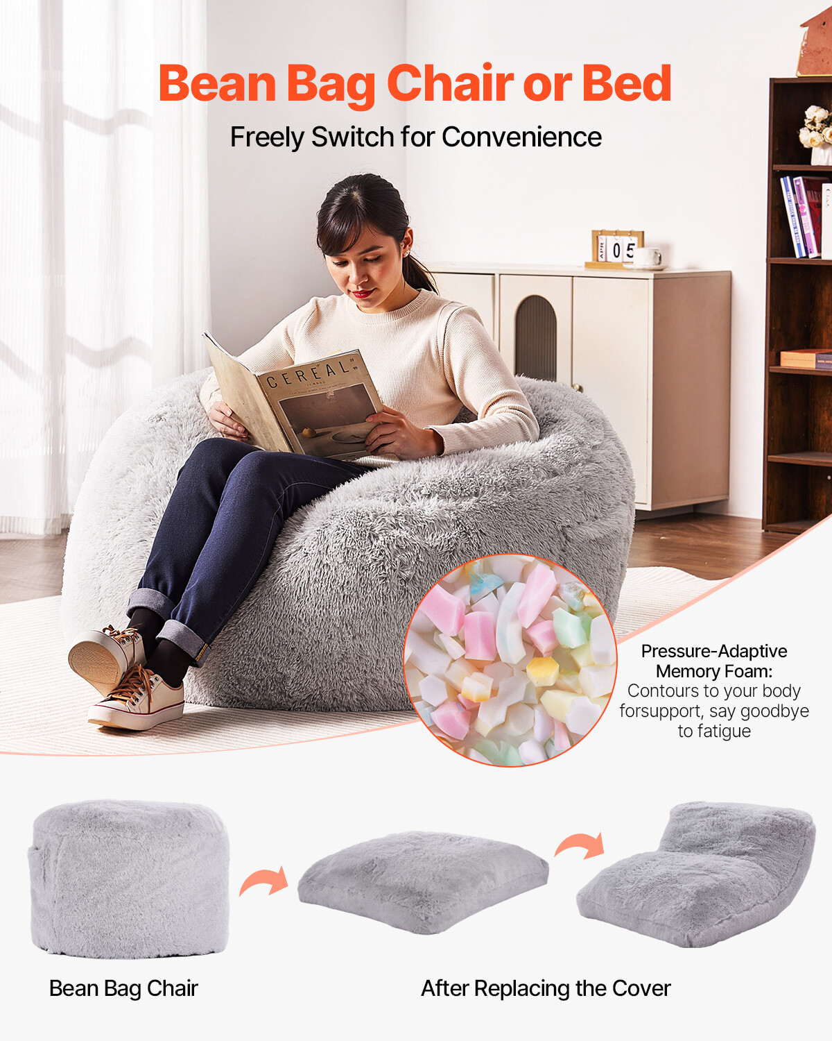 Bean Bag Bed Chair Convertible from Chair to Lounge or Mattress Grey-Queen