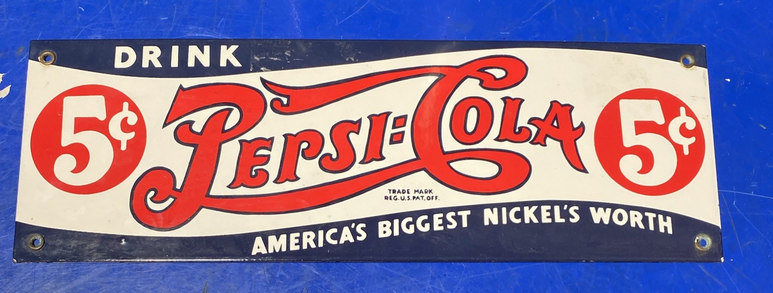 VINTAGE - 1927 - PEPSI COLA  5 CENT  PORCELAIN SIGN  18" BY 6"  Original Sign