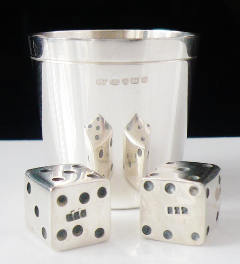 Cased Sterling Silver Dice Shaker Cup with Dice, Sheffield 2003