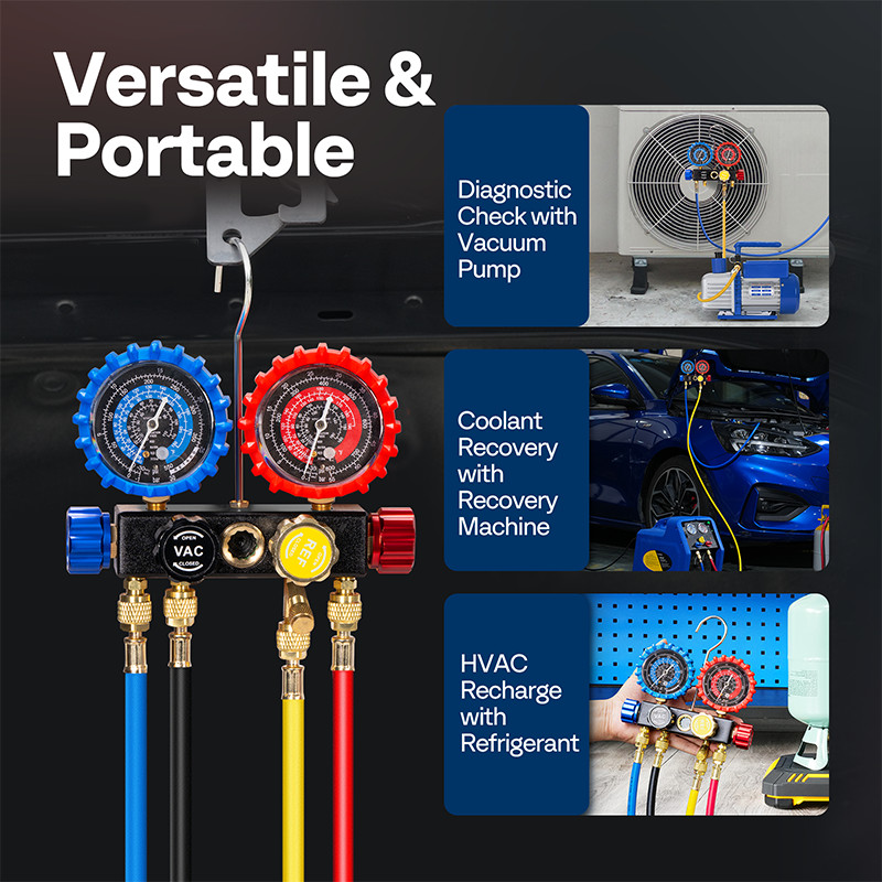 AC Manifold Gauge Set 4 Way For R134a R410a R22 R32 Refrigerat with 5ft Hoses