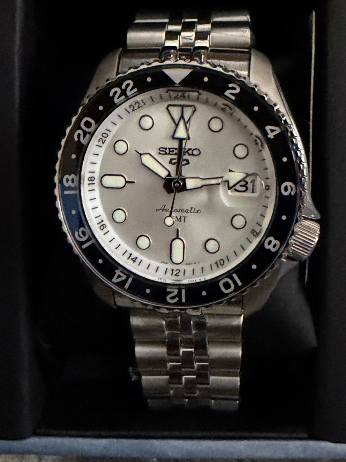 Seiko 5 Sports GMT Automatic Blue Men's Watch White Dial Full Set - SSK003