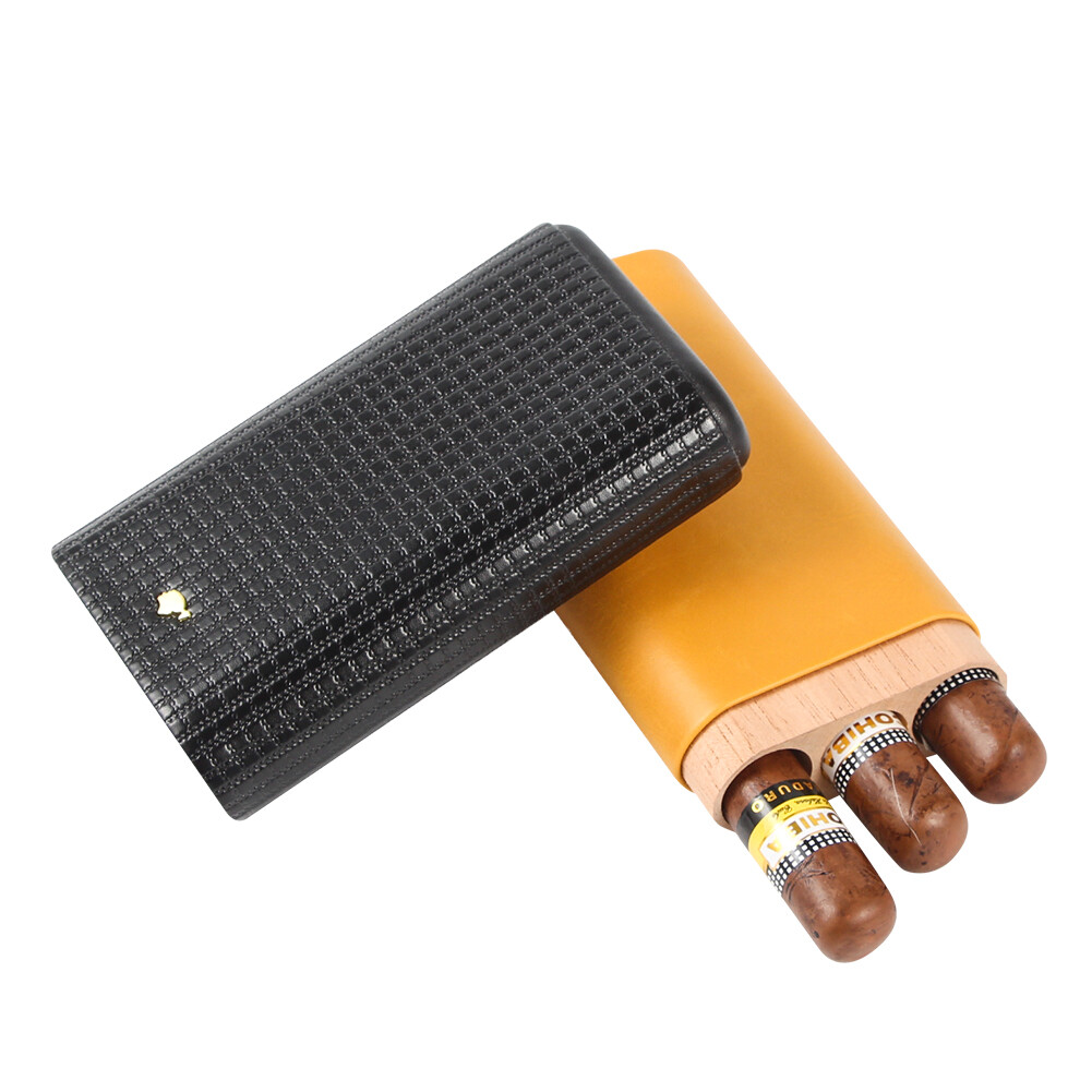 Leather Cedar Wood Cigar Case Portable Humidor 3 Cigars Tubes Yellow Box Gift