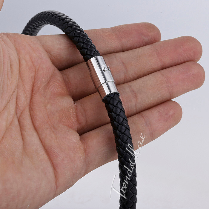 Men's Black Braided Leather Cord Necklace Choker Magnetic Clasp