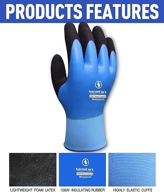 1000V High Voltage Electrical Gloves Insulated Rubber, Waterproof Non-Slip Palm