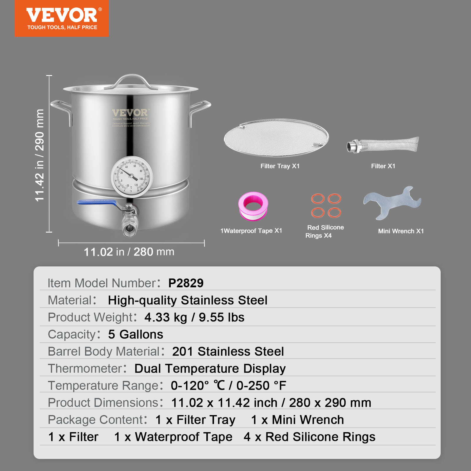 VEVOR Stainless Steel Home Brew Kettle Set 5 Gal Beer Stock Pot with Accessories