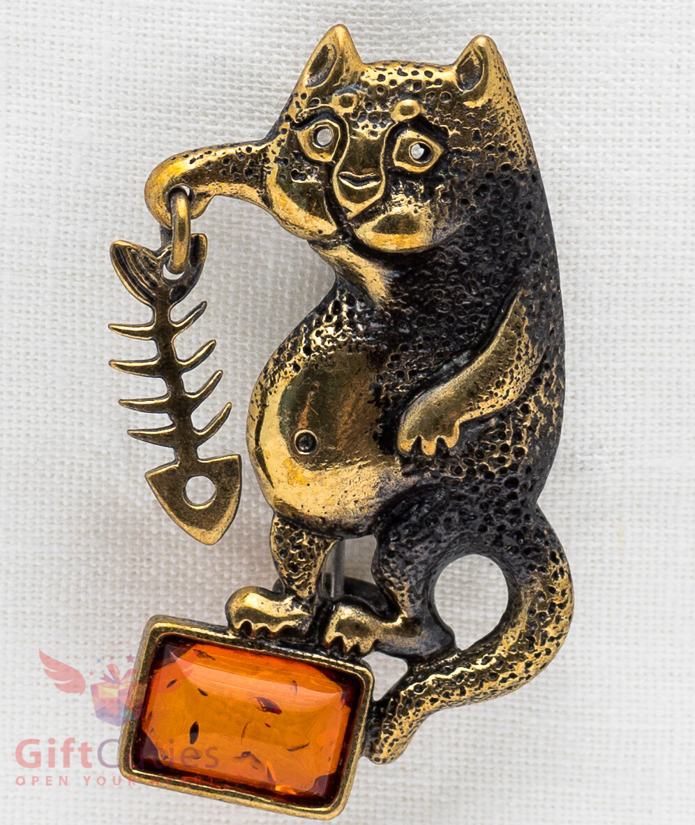 Brass Amber Full belly cat with fish bone Brooch IronWork