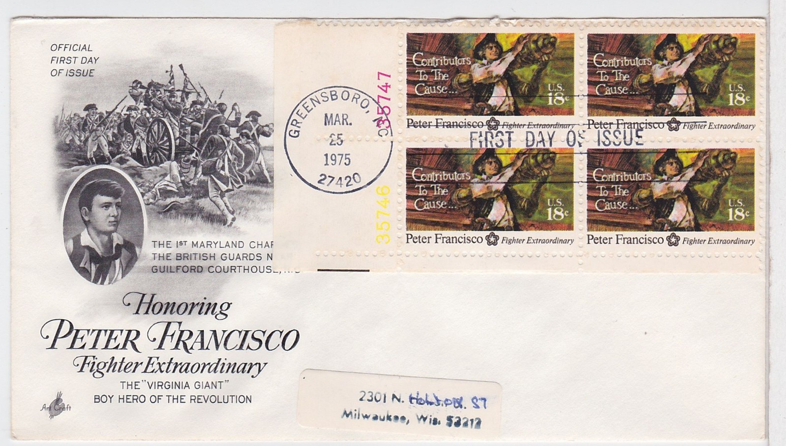TurtlesTradingPost- Peter Francisco- 1975 FDC #1562 Artcraft Cachet Block of 4