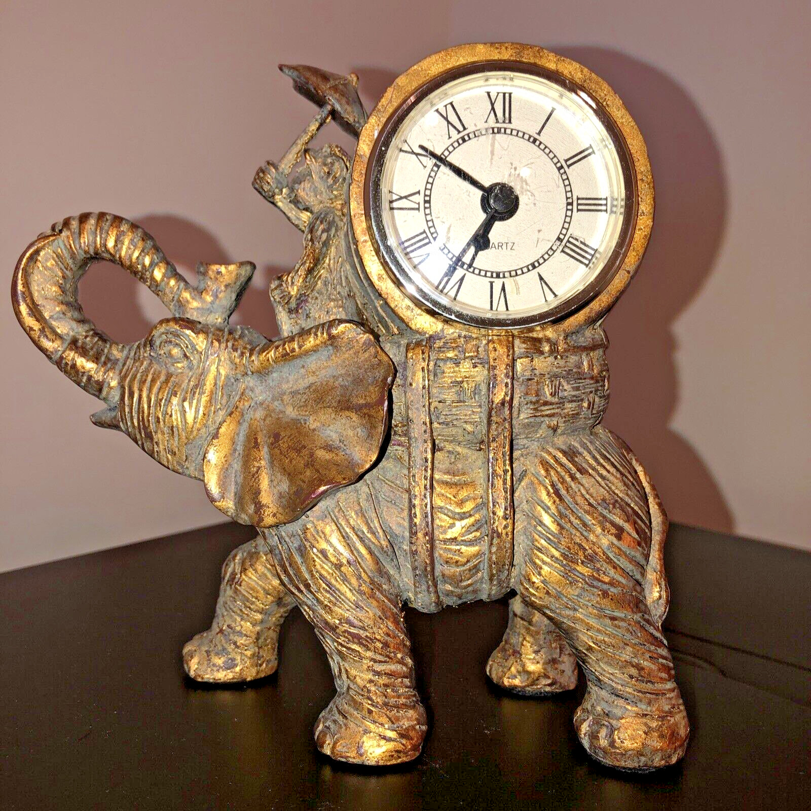 Bronze Style Resin Elephant Riding Monkey Mantle Quartz (Clock not working) 6"