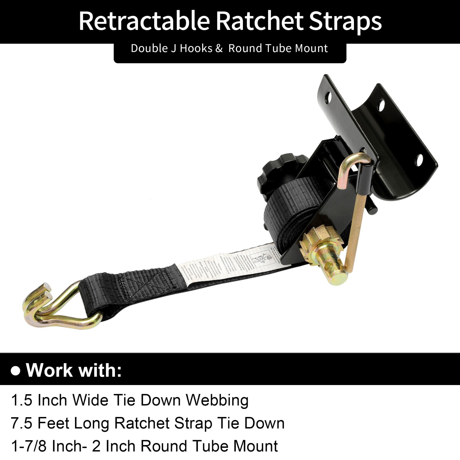 4x Ladder Rack Ratchet Straps w/ J-Hook 1.5"x7.5' Black Retractable Ratchet Tie