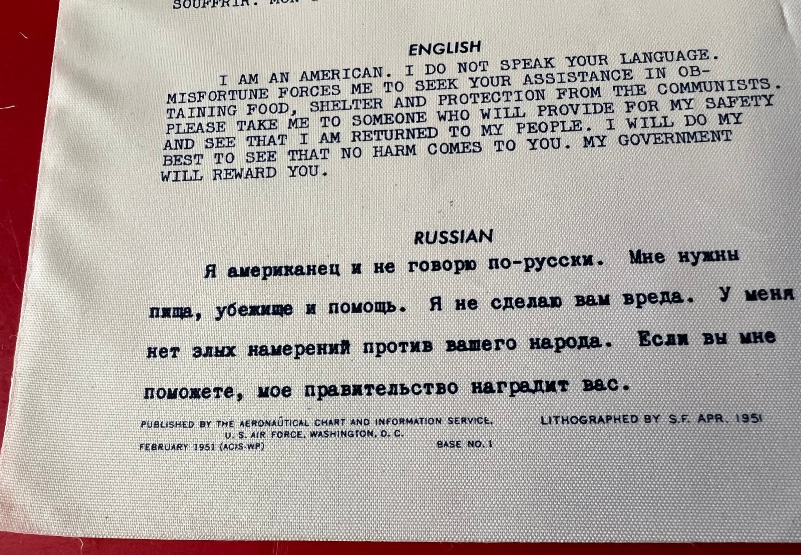 USAF/ USN SURVIVAL BLOOD CHIT FAR EAST XM-51-2- 10 LANGUAGE