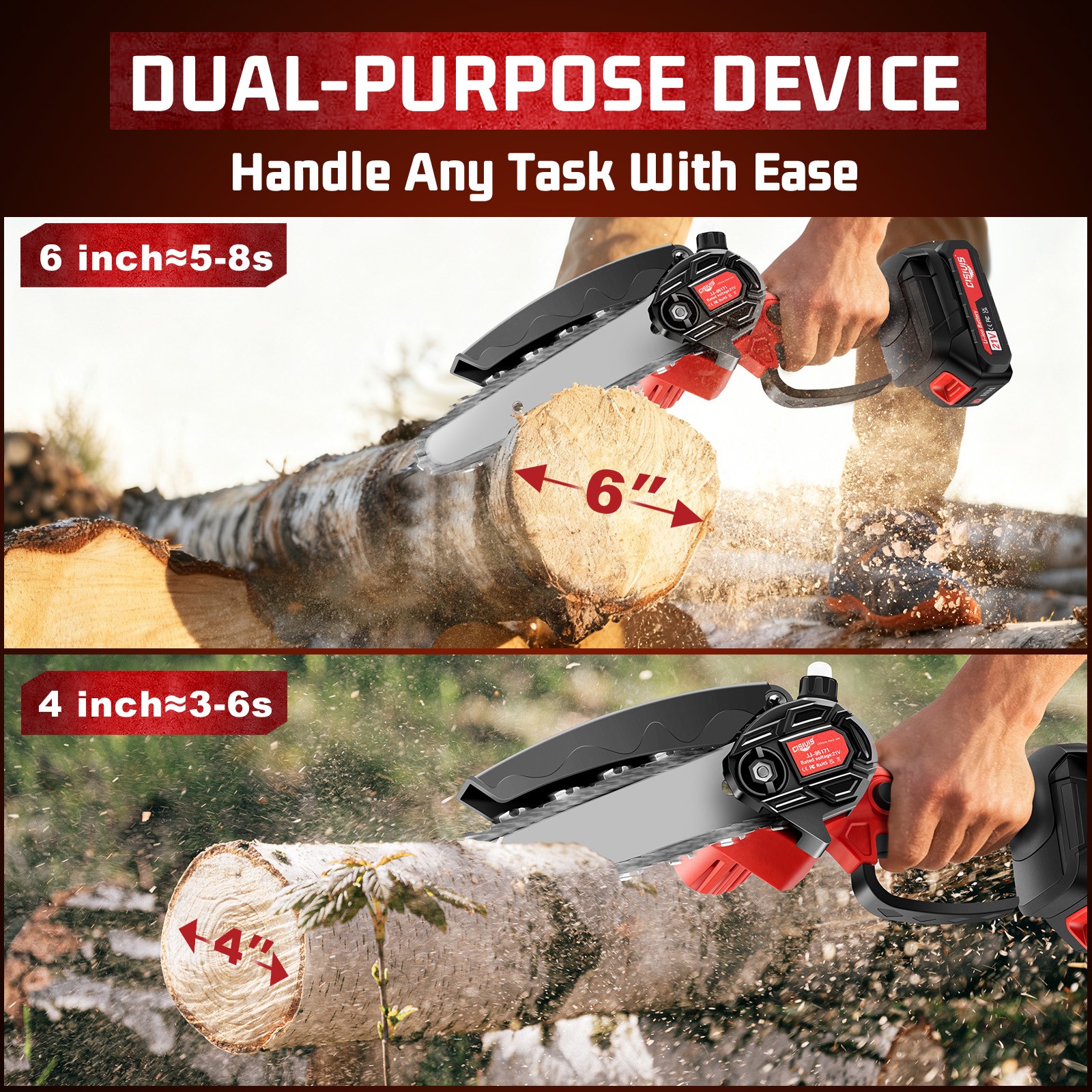 4/6inch Wireless Mini Chainsaw Equipped with 2 Large Capacity Batteries.Handheld