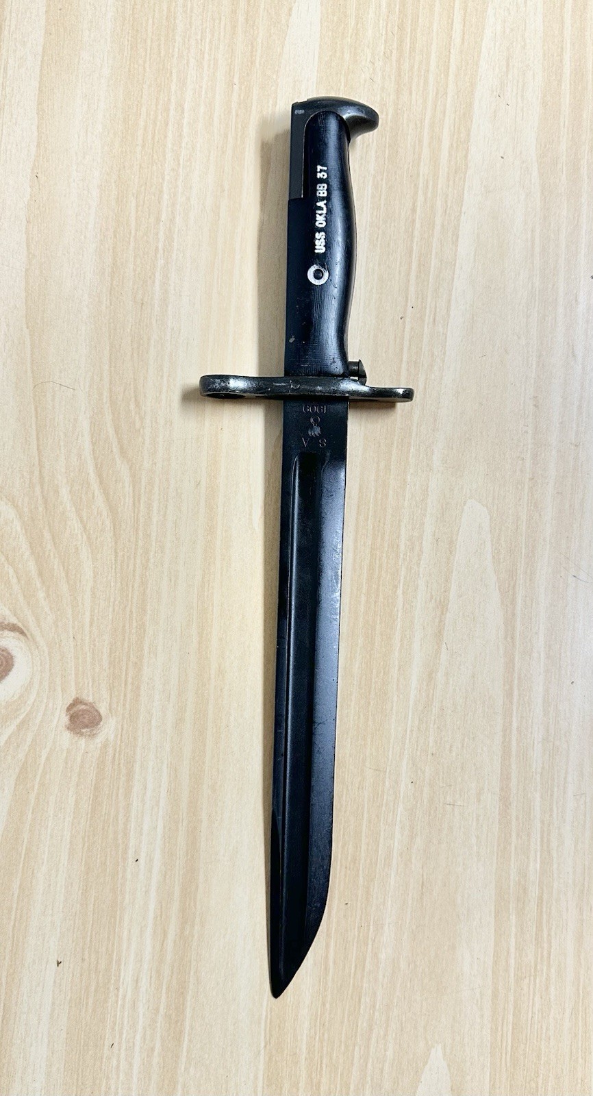 Pre-WWI US M1905-E1 10” Bayonet SA 1909 Springfield Armory Marked USS OKLA BB 37