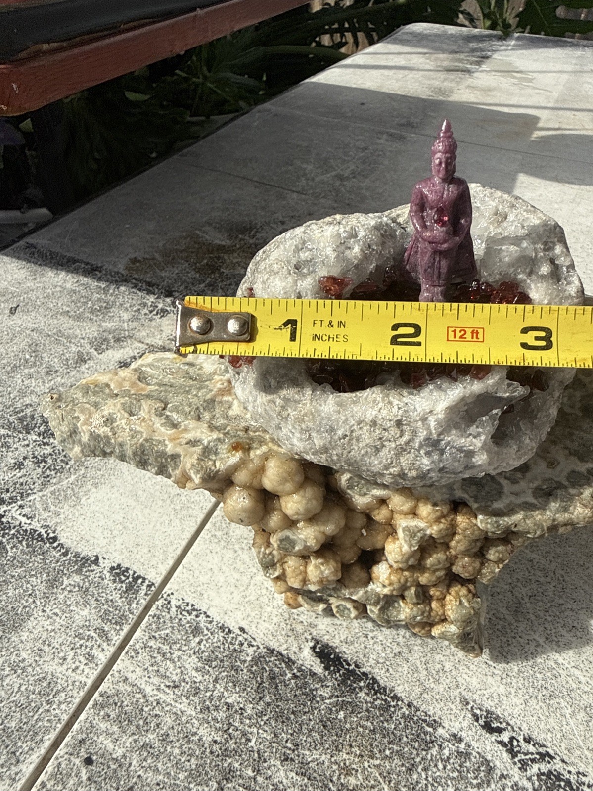 Carved Ruby Buhda On Ocean Jasper Faced Rough, Incredible Orbs Red Crystals 6”