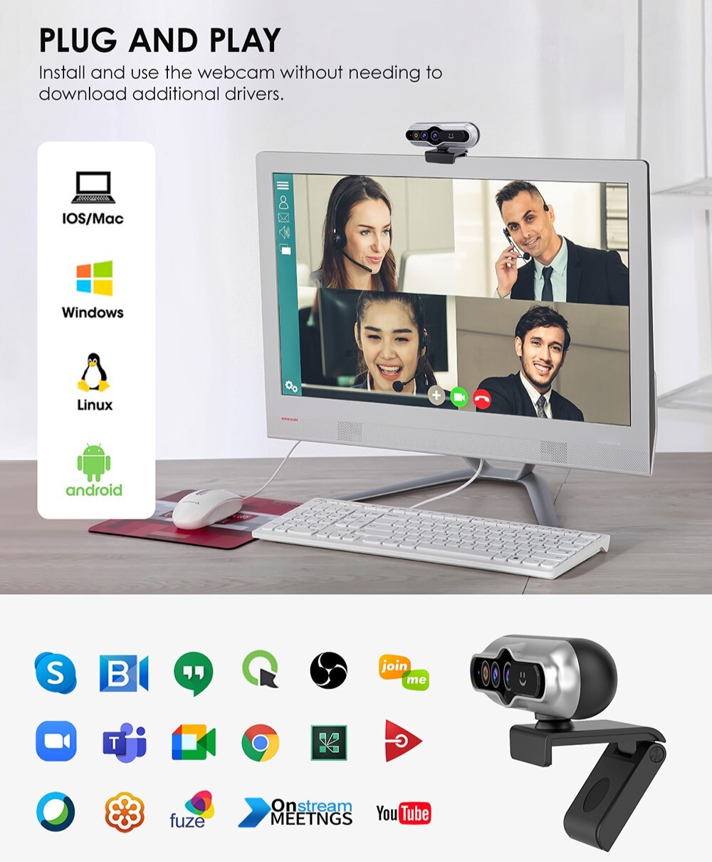 TOALLIN 2K Auto-Focus QHD Webcam Windows Hello Privacy Shutter w/Microphone New