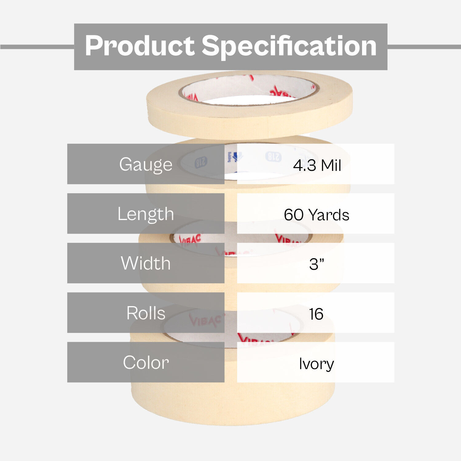 General Purpose Utility Grade Masking Tape 4.3 Mil, 3" x 60 Yards, 16 Rolls