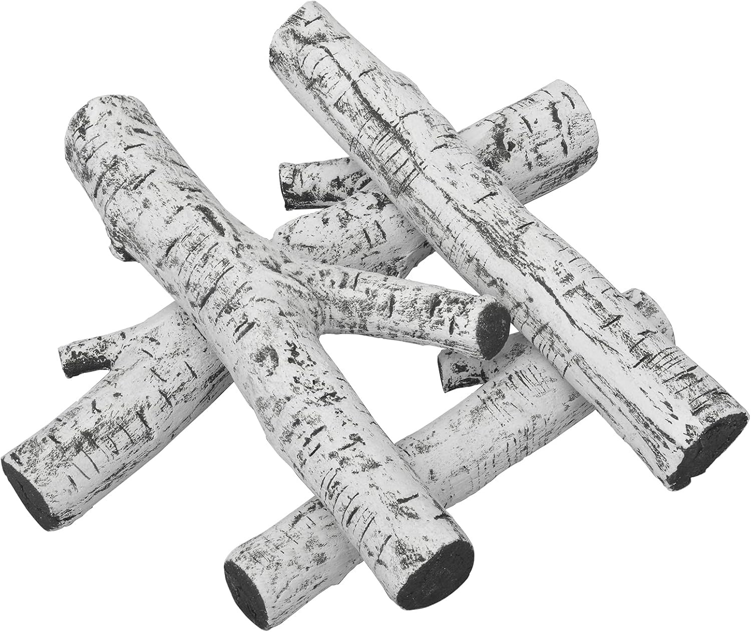 4 Piece Set of Ceramic White Birch Wood Gas Log for All Types of Ventless, Gel,