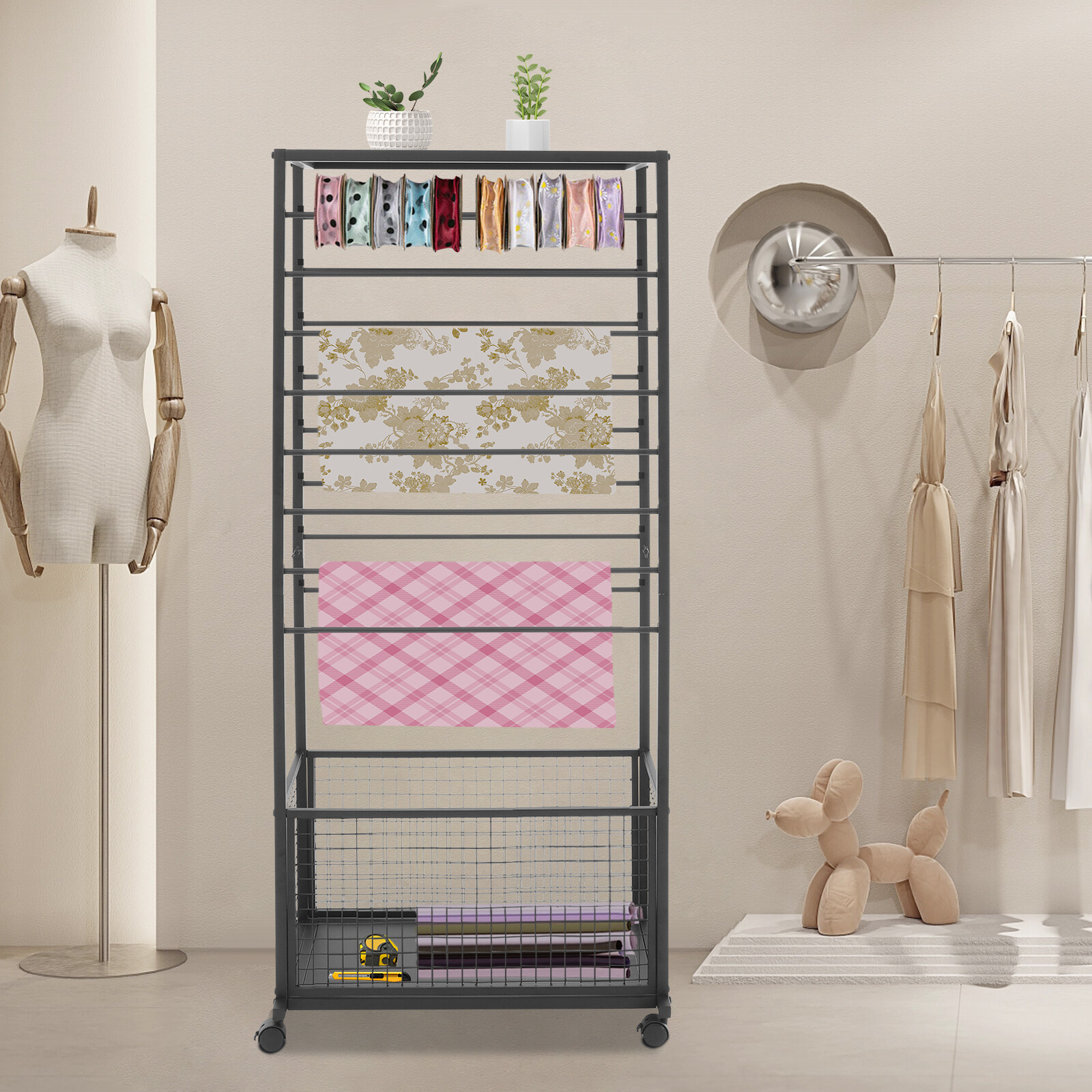 16-Tier Double-Sided Ribbon Holder Organizer Rack Ribbon Storage Holder W/ Wheel