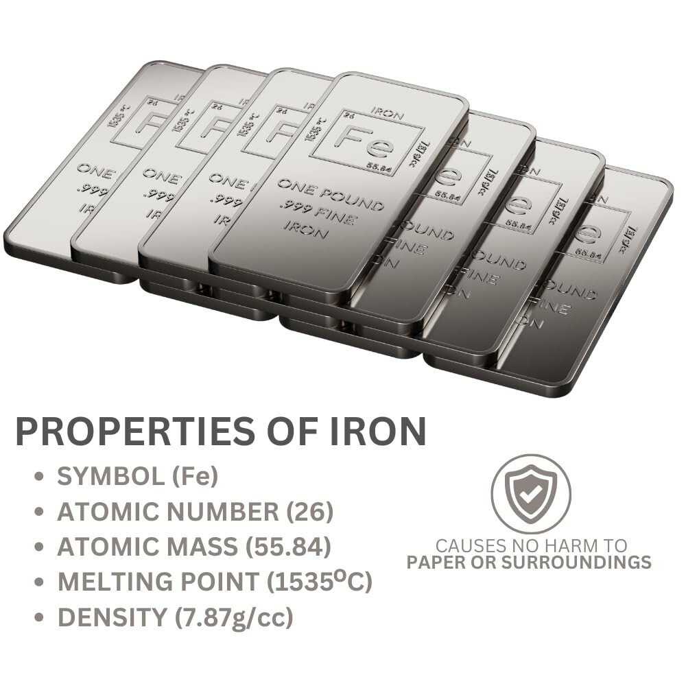 1 Pound .999 Pure Iron Bar Bullion Paperweight with Element Design-Unique Metals
