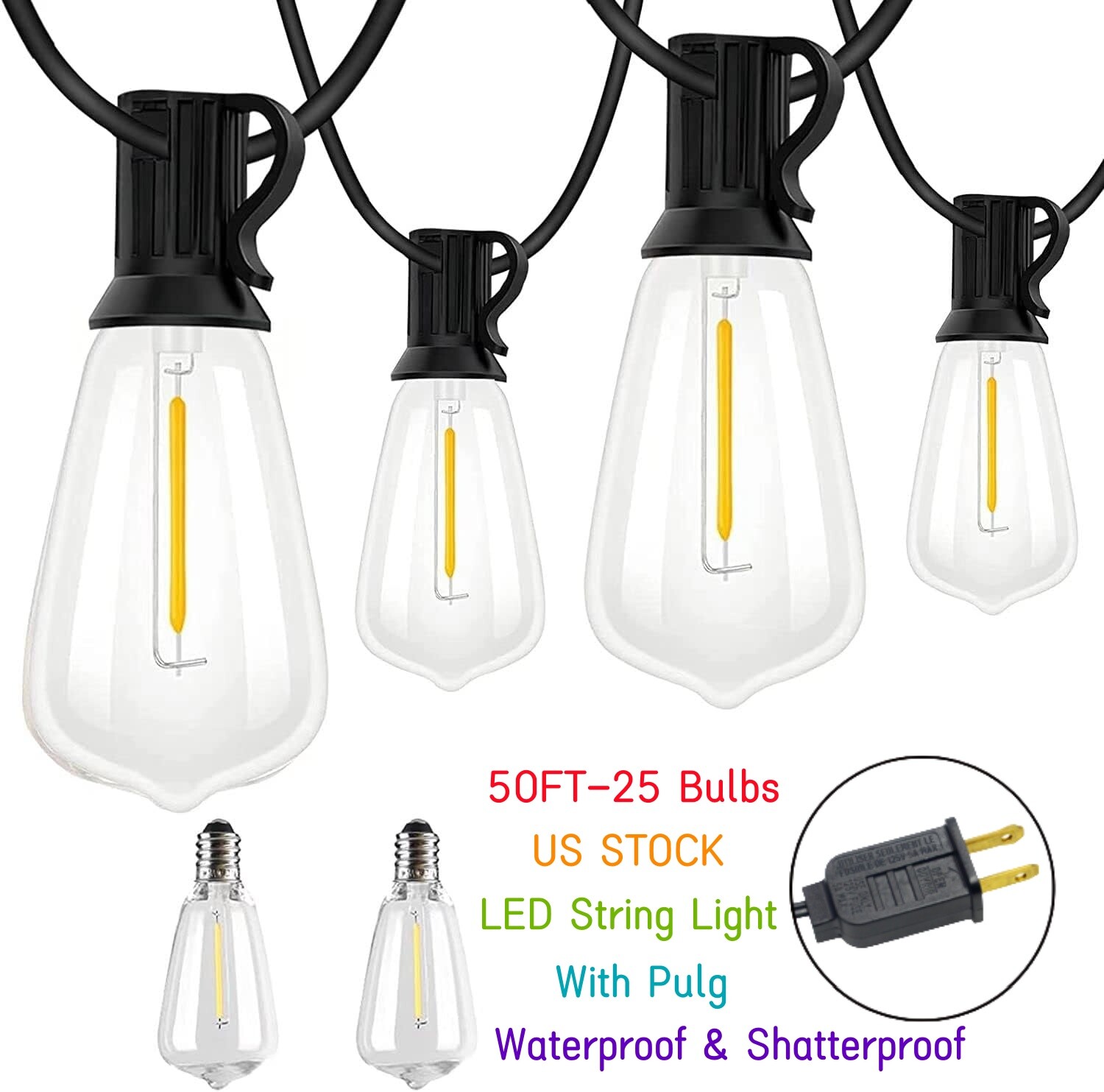 LED Outdoor String Lights 50FT Shatterproof ST38 Patio Lights for Porch,Backyard