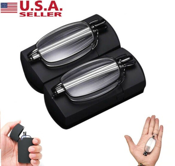 2 Pairs Anti-Blue Metal Compact Folding Light Reading Glasses With Carrying Case