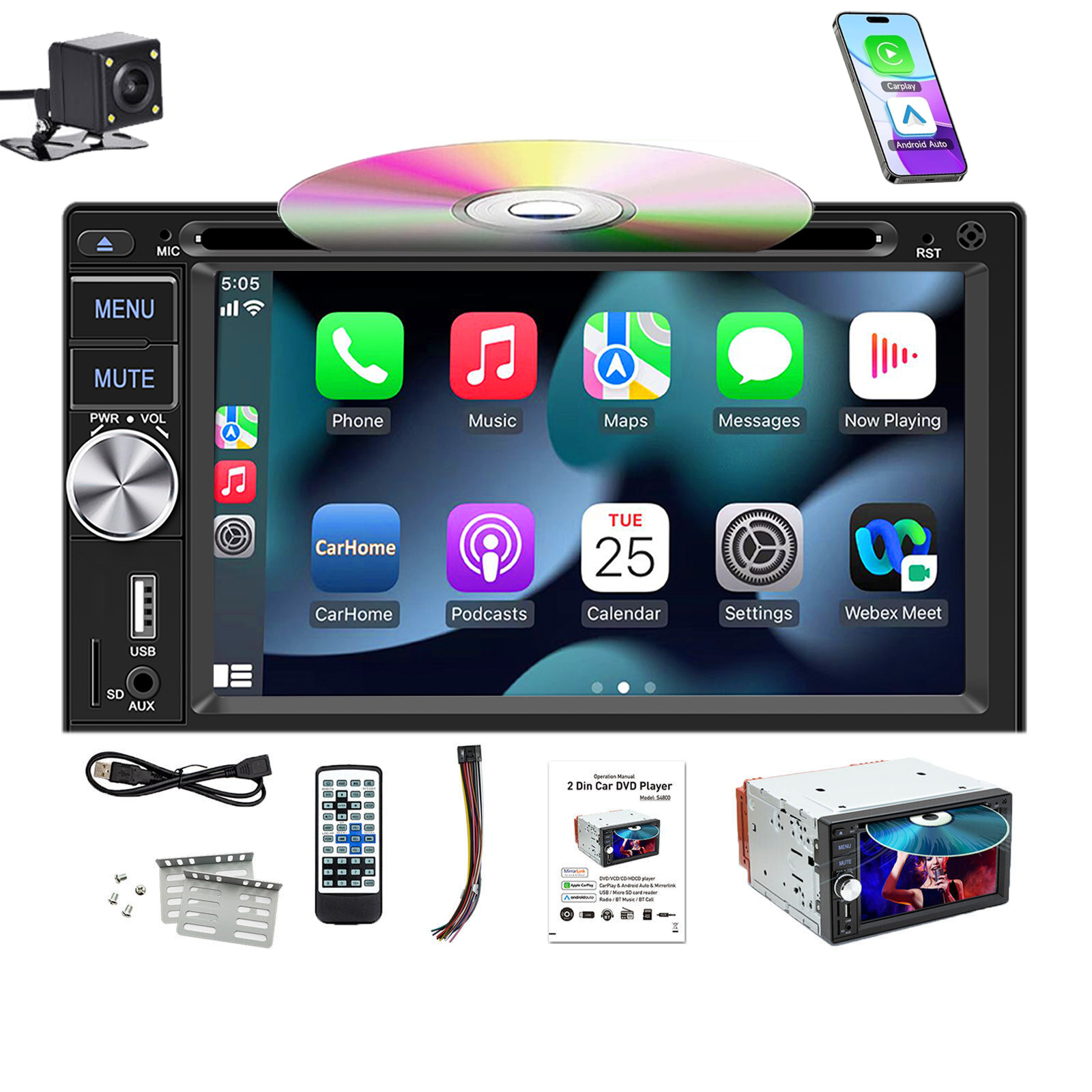 Double 2 DIN Car Stereo Radio with CD/DVD Player Apple CarPlay Android Auto +Cam