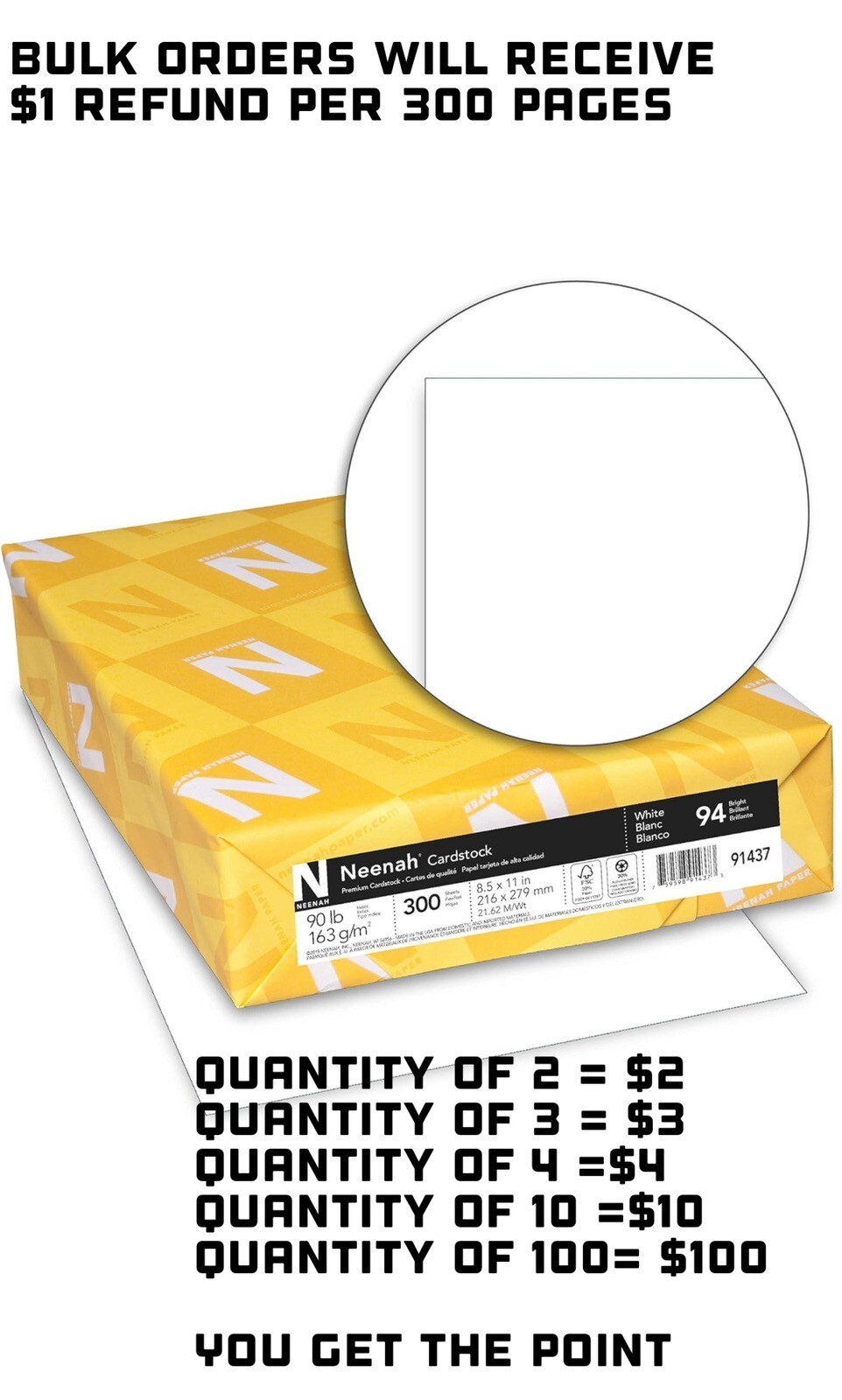 Cardstock, 8.5" x 11", 90 lb/163 gsm, White, 94 Brightness, 300 Sheets