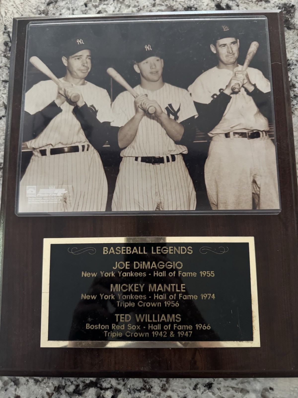 Joe DiMaggio Mickey Mantle Ted Williams Baseball Legends Plaque Hall of Fame