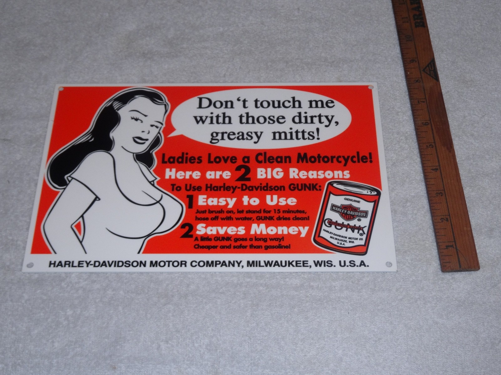 VINTAGE HARLEY DAVIDSON MOTORCYCLE GUNK WOMAN 12" MOTOR CYCLE GASOLINE OIL SIGN!