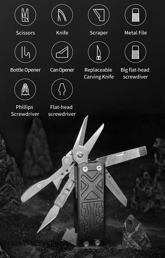 NexTool E1 Pocket Tool 9 Integrated Tools w/ Black Aluminum Handles 2.88" Closed