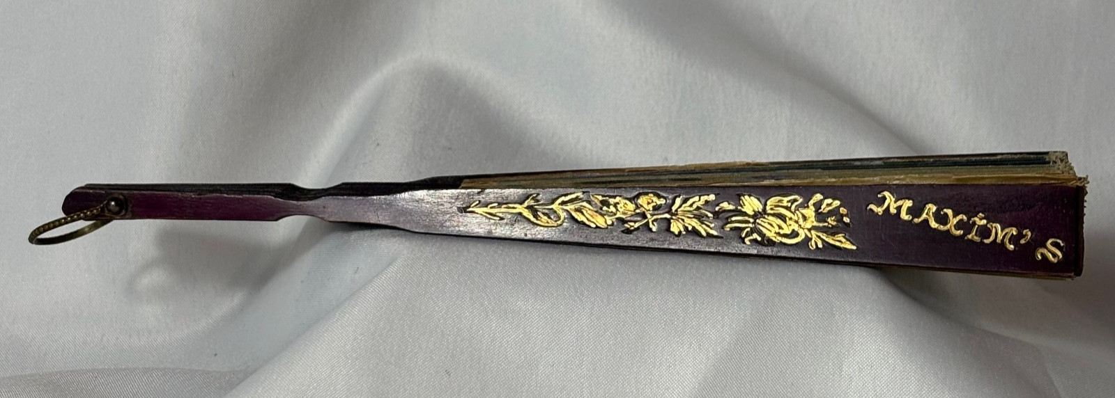 Maxim's France vintage linen folding fan purple pansy sequins