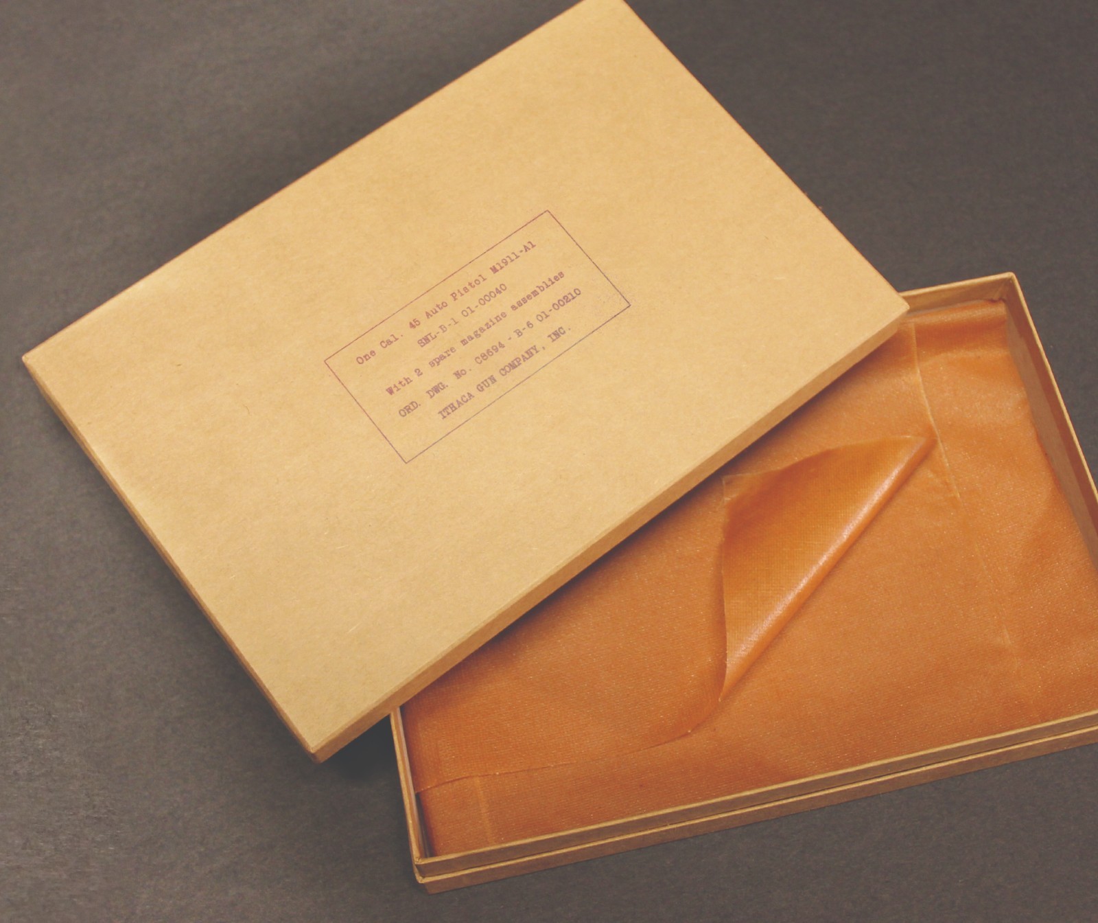 MIL SPEC USGI Kraft box for 1911A1 ITHACA Pistol WW2 with wax paper wrap