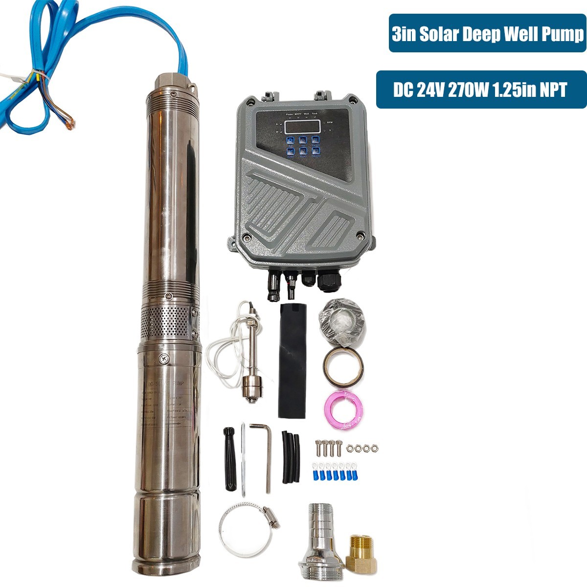 270W 3" Solar Pump Submersible Pump Bore DC 24V Deep Well Pump + MPPT Controller